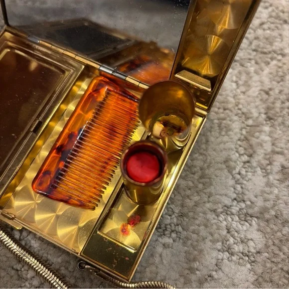 Vintage 1950’s Mother Of Pearl Brass Cosmetic Comb Lipstick Compact Case Purse - Picture 7 of 13